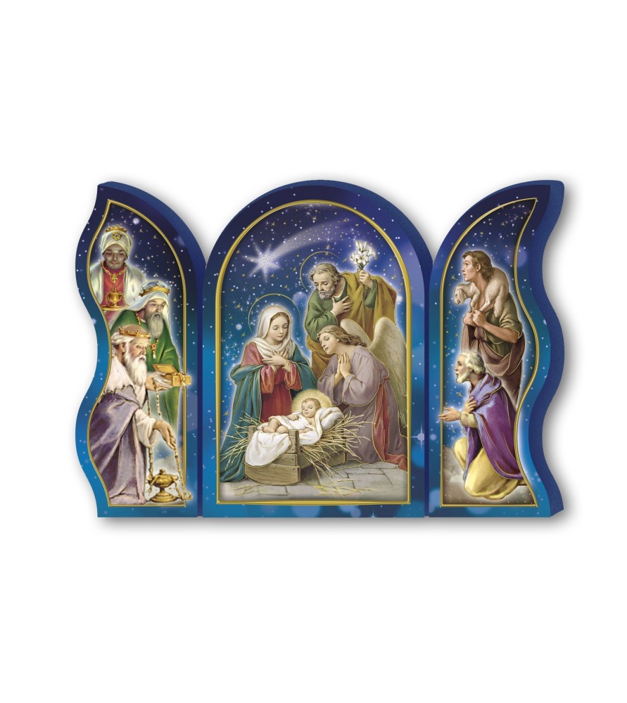 Trittico devozionale in legno della Sacra Famiglia con angelo e Re Magi Trittico devozionale in legno della Sacra Famiglia con angelo e Re Magi