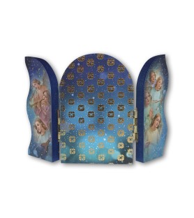 Trittico devozionale in legno della Sacra Famiglia con angelo e Re Magi