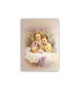 Poster con oro a caldo con l'immagine degli Angeli che vegliano il bimbo nella culla