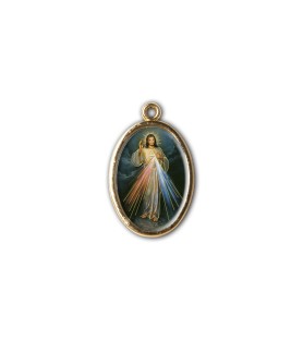 Medaglia ovale dorata double-face del Gesù Misericordioso e di San Faustina