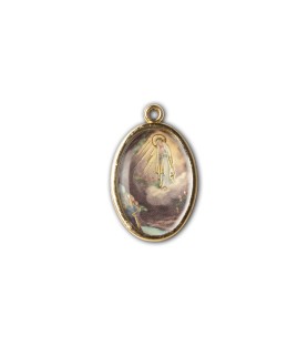 Medaglia ovale dorata double-face della Madonna di Lourdes e del Santuario