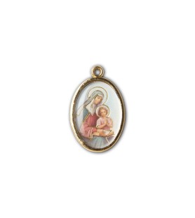 Medaglia ovale dorata double-face della Sacra Famiglia e di Sant'Anna