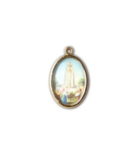 Medaglia ovale dorata double-face della Madonna di Fatima e del Santuario