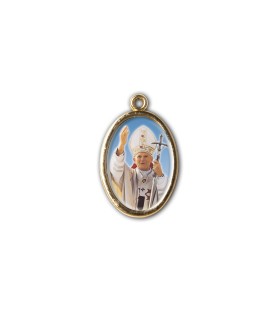 Medaglia ovale dorata double-face della Madonna di Czestochowa e di Papa Giovanni Paolo II