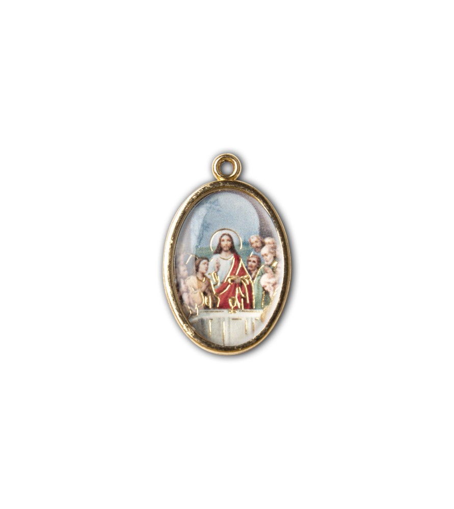 Medaglia ovale dorata double-face dell'Ultima Cena e dei simboli eucaristici della Cresima Medaglia ovale dorata double-face dell'Ultima Cena e dei simboli eucaristici della Cresima