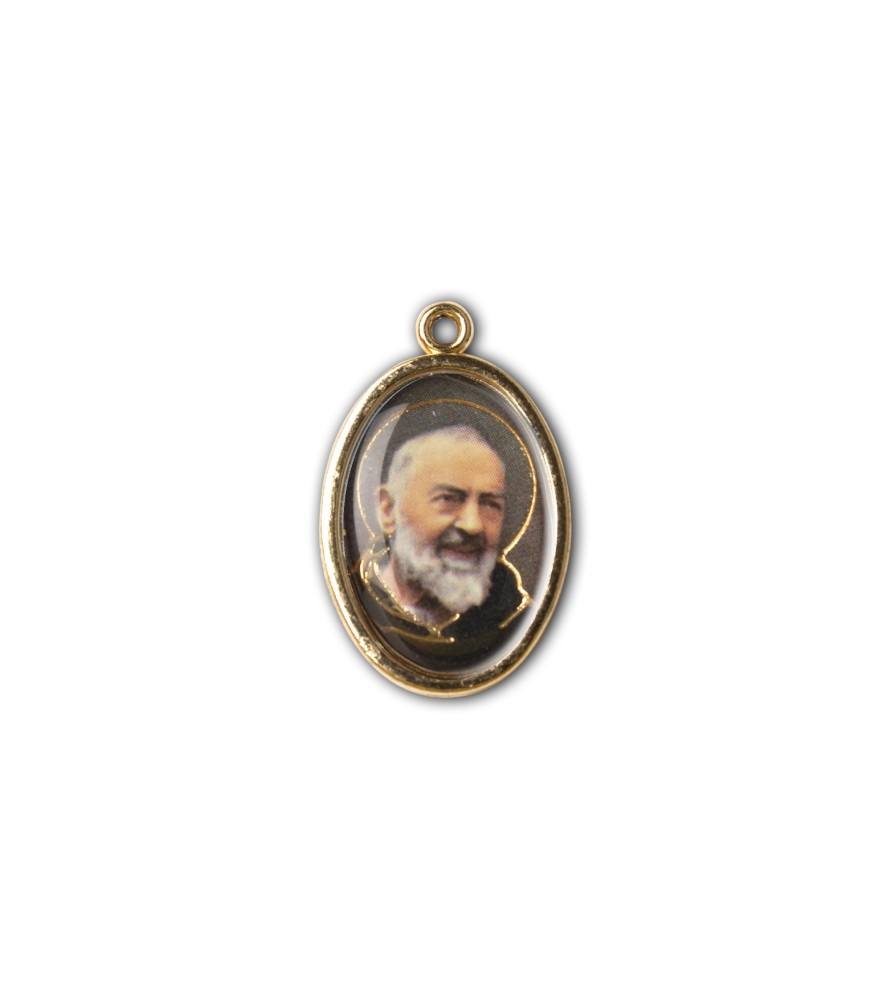 Medaglia ovale dorata double-face di Padre Pio e di Papa Giovanni Paolo II