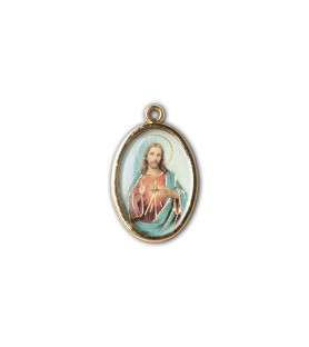 Medaglia ovale dorata double-face del Sacro Cuore di Gesù e del Cuore Immacolato di Maria
