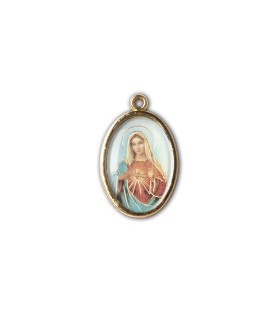 Medaglia ovale dorata double-face del Sacro Cuore di Gesù e del Cuore Immacolato di Maria