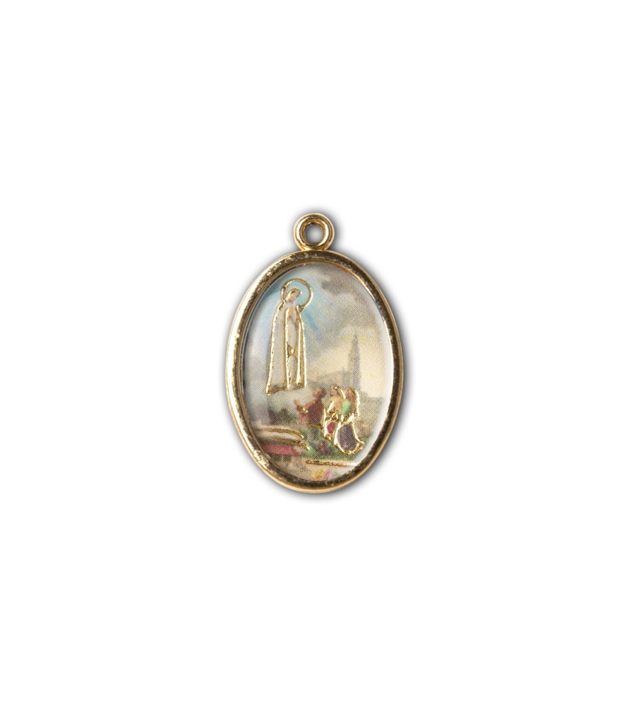 Medaglia ovale dorata double-face della Madonna di Fatima e del Santuario