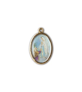 Medaglia ovale dorata double-face della Madonna di Lourdes e del Santuario