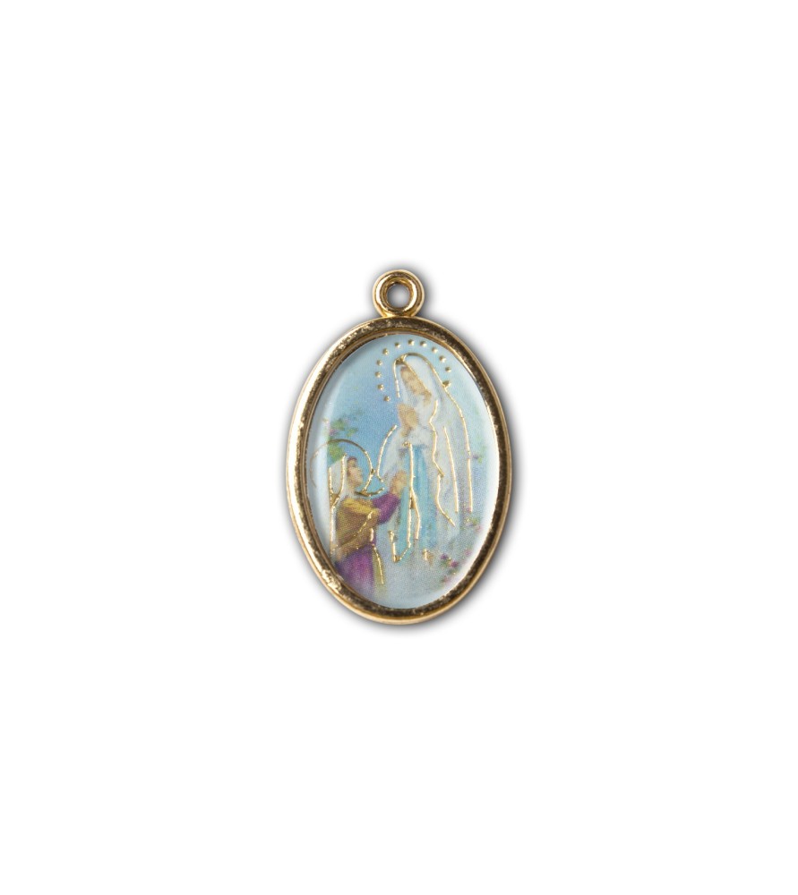 Medaglia ovale dorata double-face della Madonna di Lourdes e del Santuario