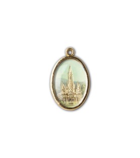Medaglia ovale dorata double-face della Madonna di Lourdes e del Santuario