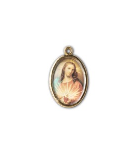 Medaglia ovale dorata double-face del Sacro Cuore di Gesù e della Madonna del Carmelo