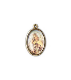 Medaglia ovale dorata double-face del Sacro Cuore di Gesù e della Madonna del Carmelo