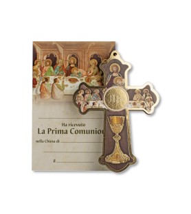 Croce di Prima Comunione in legno con Ultima Cena e calice con diploma