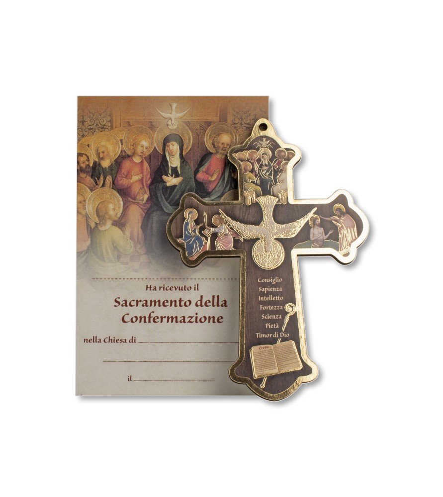 Croce di Cresima in legno con diploma