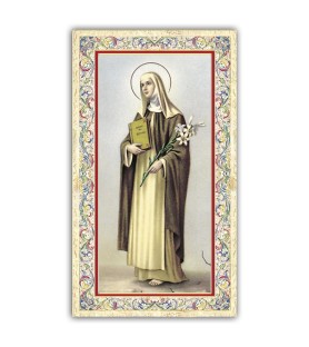 Pacchetto da 100 copie di: Santino Annunciazione a Maria con preghiera e finiture in oro a caldo