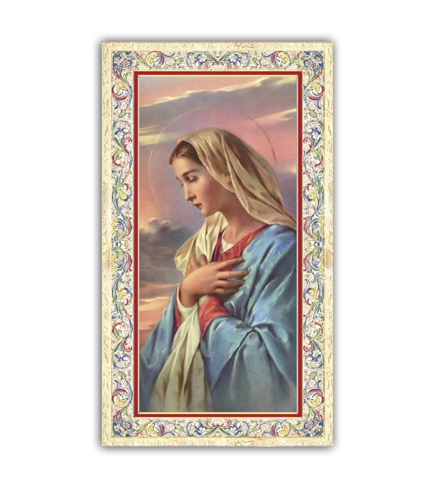 Pacchetto da 100 copie di: Santino Madonna sul trono con preghiera e finiture in oro a caldo Pacchetto da 100 copie di: Santino Madonna sul trono con preghiera e finiture in oro a caldo