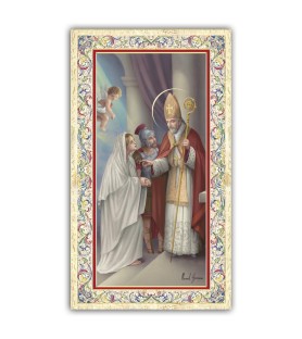 Pacchetto da 100 copie di: Santino icona della Sacra Famiglia con preghiera e finiture in oro a caldo