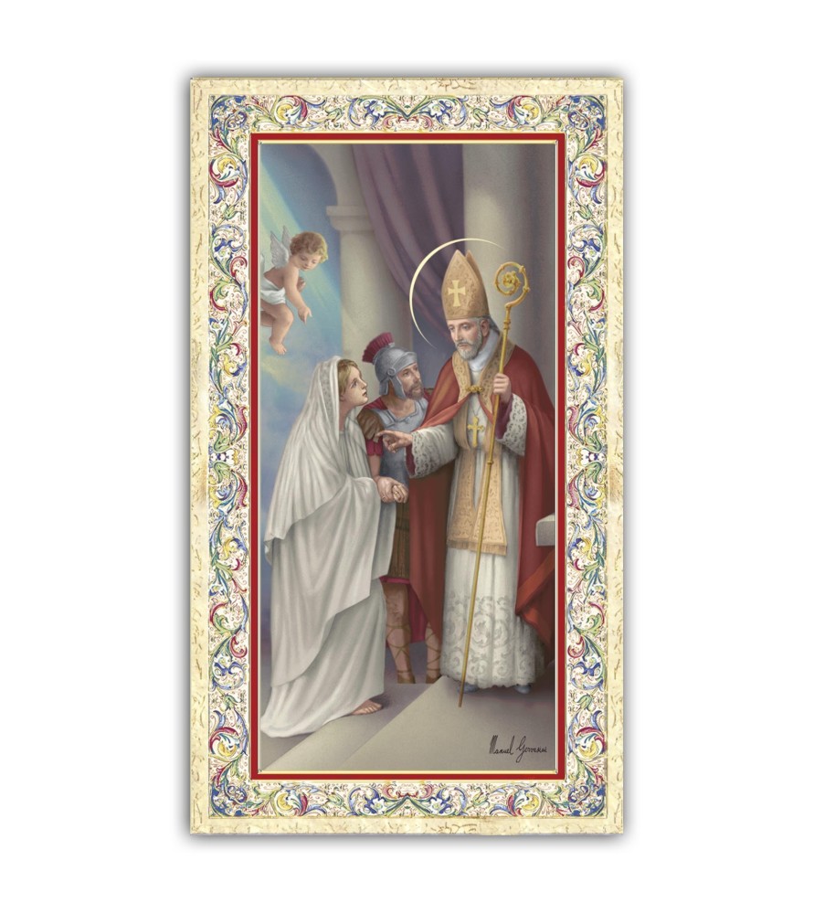 Pacchetto da 100 copie di: Santino icona della Sacra Famiglia con preghiera e finiture in oro a caldo