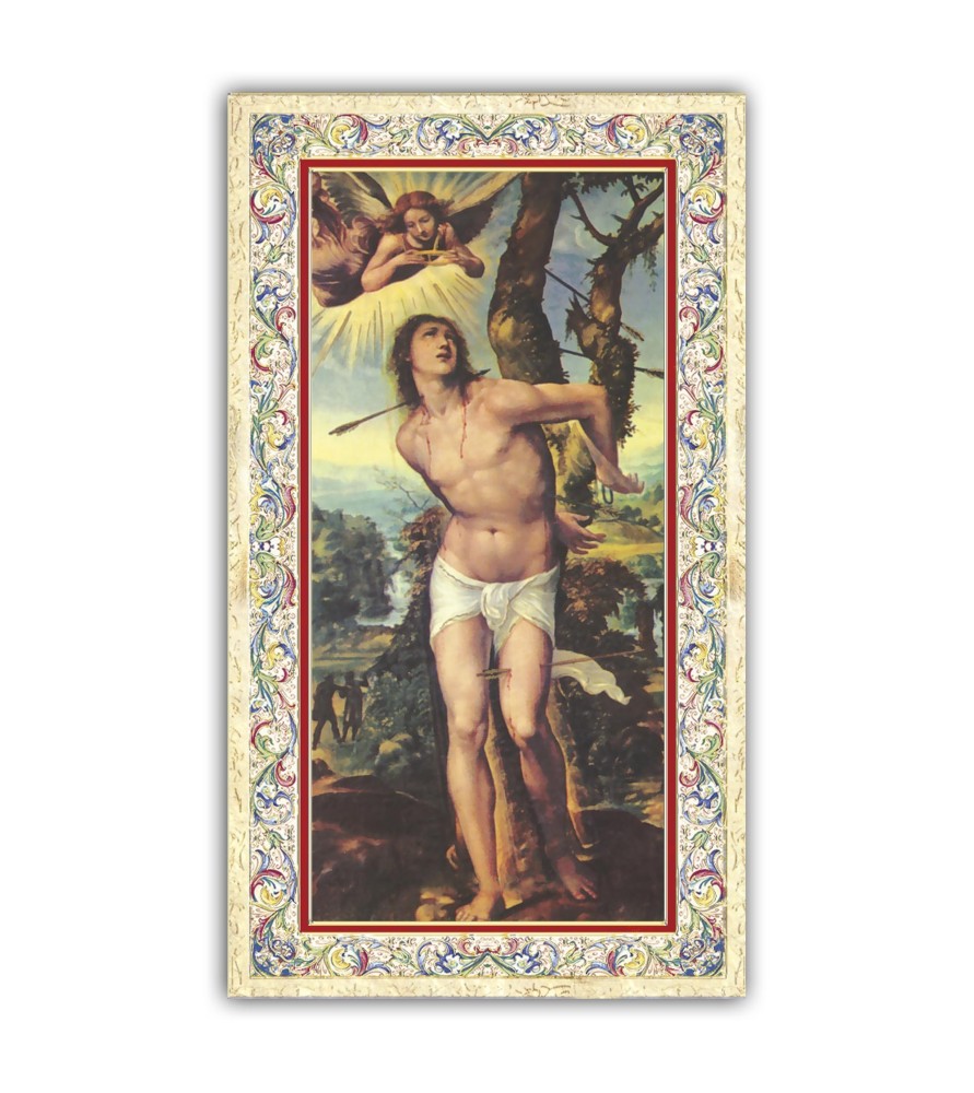 Pacchetto da 100 copie di: Santino San Matteo Evangelista con preghiera e finiture in oro a caldo