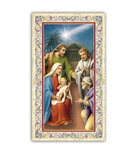 Pacchetto da 100 copie di: Santino Presepe con preghiera e finiture in oro a caldo