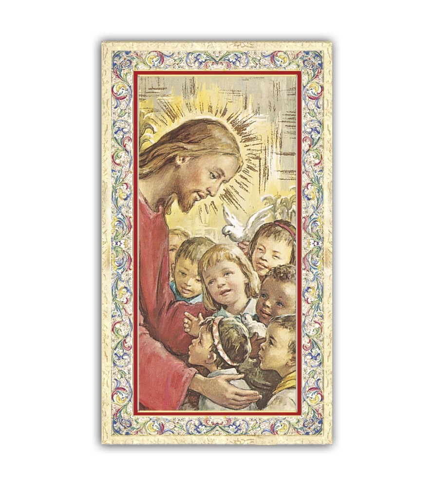 Pacchetto da 100 copie di: Santino San Giuseppe che abbraccia il Bambino Gesù con preghiera e finiture in oro a caldo
