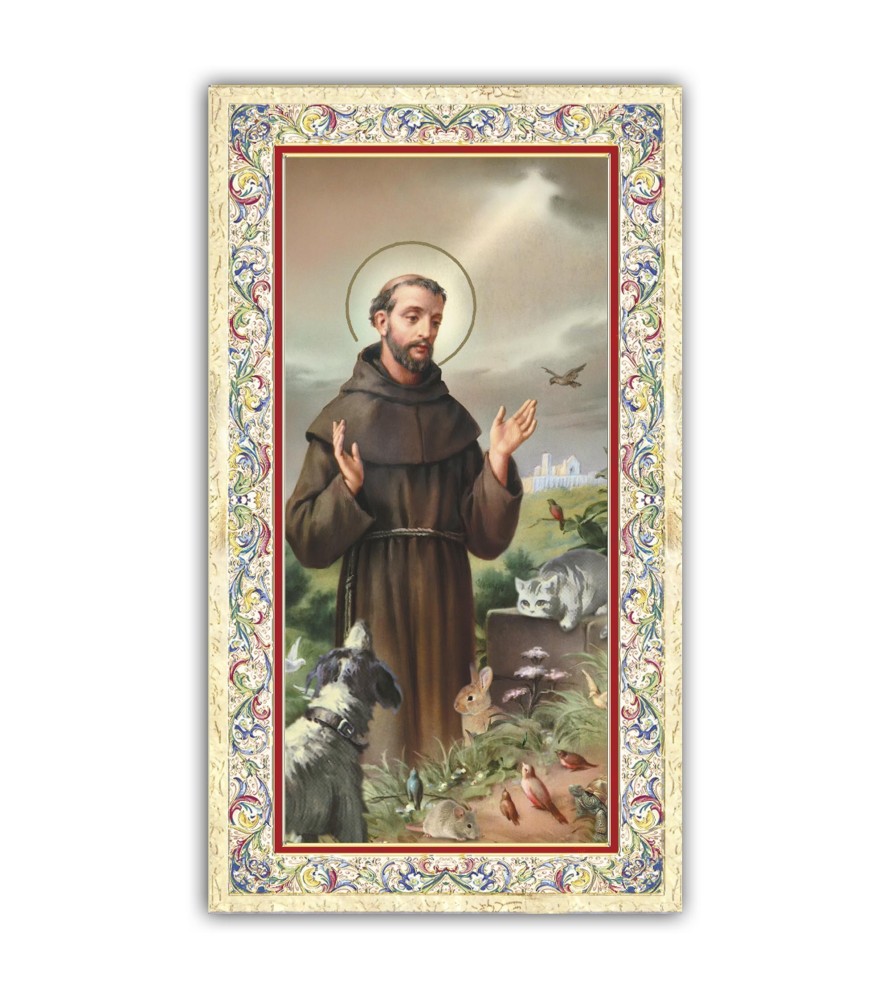 Pacchetto da 100 copie di: Santino San Francesco che predica agli uccelli con preghiera e finiture in oro a caldo