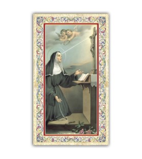 Pacchetto da 100 copie di: Santino Santa Teresa del Bambin Gesù con preghiera e finiture in oro a caldo