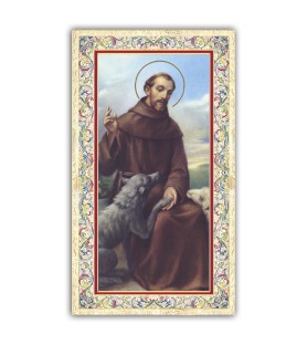 Santino San Francesco d'Assisi con il lupo con preghiera e finiture in oro a caldo
