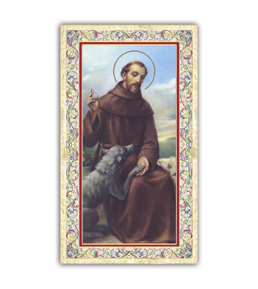 Santino San Francesco d'Assisi con il lupo con preghiera e finiture in oro a caldo Santino San Francesco d'Assisi con il lupo con preghiera e finiture in oro a caldo