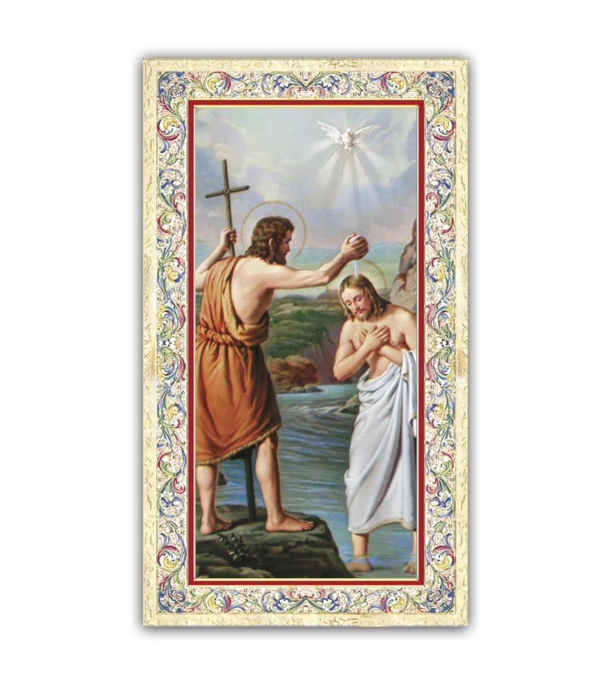 Santino San Giovanni Battista con preghiera e finiture in oro a caldo Santino San Giovanni Battista con preghiera e finiture in oro a caldo