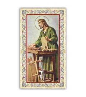 Santino San Giuseppe al banco di lavoro con preghiera e finiture in oro a caldo