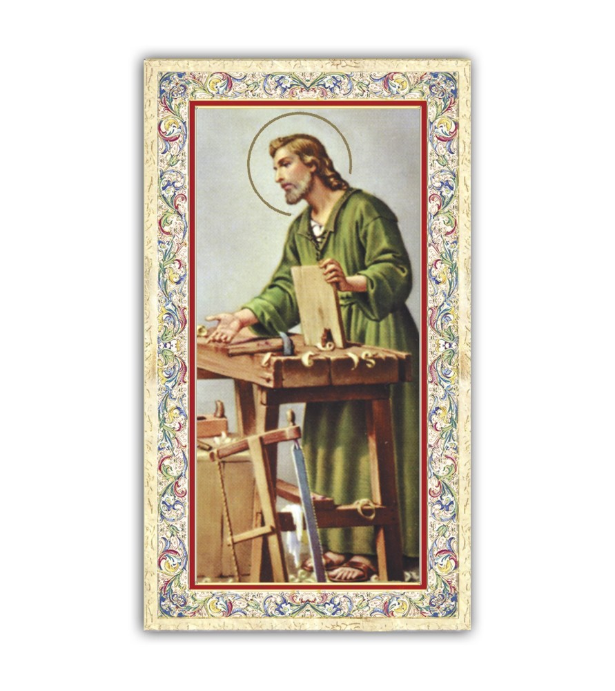 Santino San Giuseppe al banco di lavoro con preghiera e finiture in oro a caldo