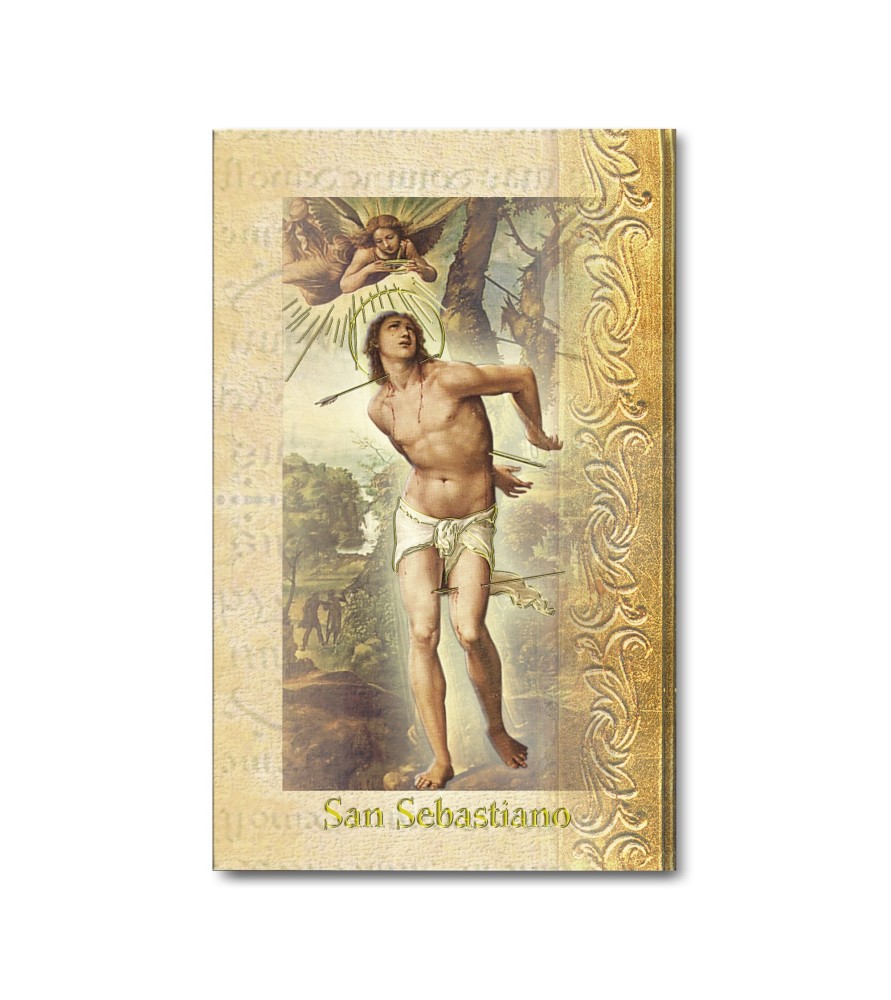 Biglietto con biografia e preghiera a San Sebastiano Biglietto con biografia e preghiera a San Sebastiano