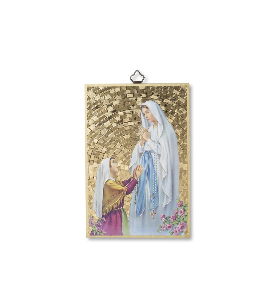 Quadretto in MDF con mosaico in lamina dorata della Madonna di Lourdes e Bernadette Quadretto in MDF con mosaico in lamina dorata della Madonna di Lourdes e Bernadette