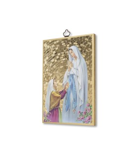 Quadretto in MDF con mosaico in lamina dorata della Madonna di Lourdes e Bernadette