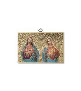 Quadretto in MDF con mosaico in lamina dorata con il Sacro Cuore di Gesù e il Cuore Immacolato di Maria