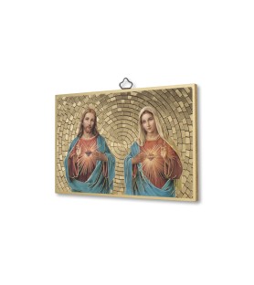 Quadretto in MDF con mosaico in lamina dorata con il Sacro Cuore di Gesù e il Cuore Immacolato di Maria