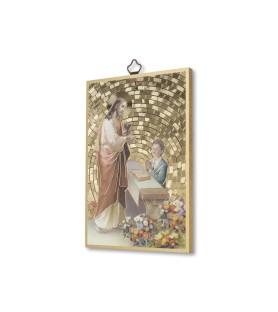 Quadretto in MDF con mosaico in lamina dorata con l'immagine di un ragazzo che riceve la Prima Comunione