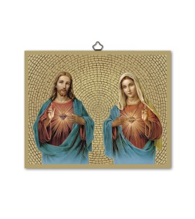 Quadretto in MDF con mosaico in lamina dorata del Sacro Cuore di Gesù e del Cuore Immacolato di Maria