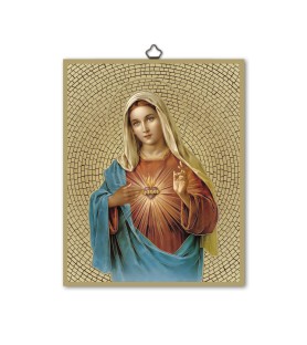 Quadretto in MDF con mosaico in lamina dorata del Cuore Immacolato di Maria