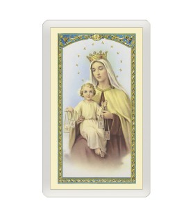 Confezione da 25 pezzi di un  Santino Plastificato Madonna del Carmelo con preghiera a colori