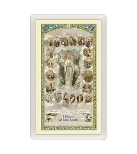 Confezione da 25 pezzi di un  Santino Plastificato Madonna del Rosario con le miniature dei 20 Misteri con preghiera a colori