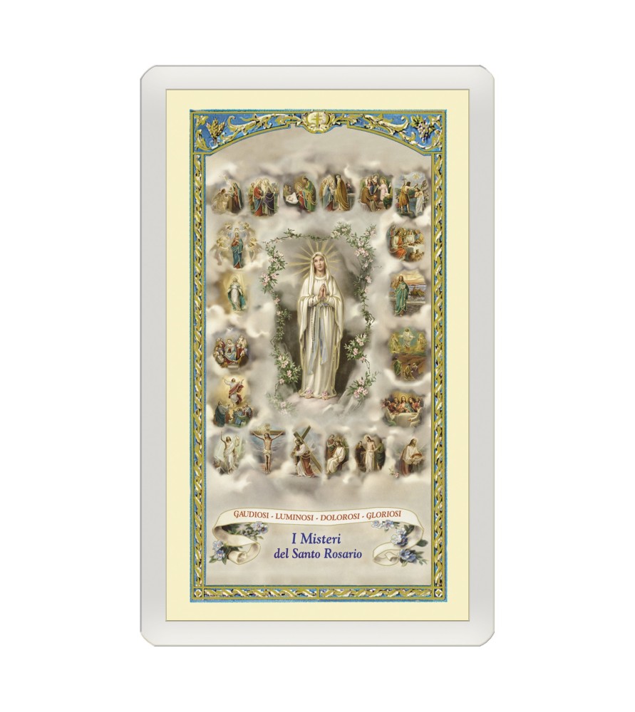 Confezione da 25 pezzi di un Santino Plastificato Madonna del Rosario con le miniature dei 20 Misteri con preghiera a colori Confezione da 25 pezzi di un Santino Plastificato Madonna del Rosario con le miniature dei 20 Misteri con preghiera a colori
