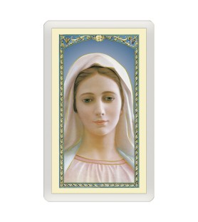 Confezione da 25 pezzi di un  Santino Plastificato Madonna di Medjugorje con preghiera a colori
