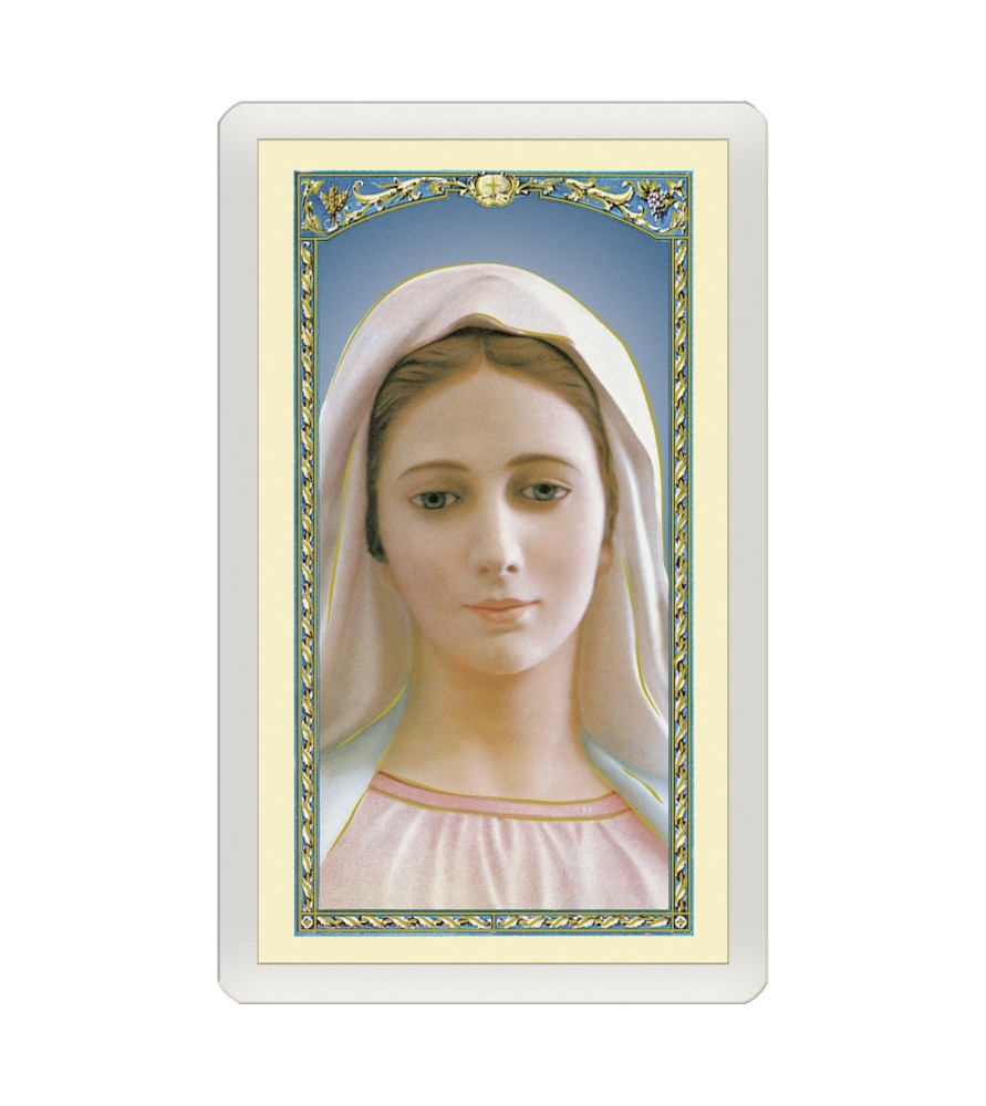 Confezione da 25 pezzi di un  Santino Plastificato Madonna di Medjugorje con preghiera a colori