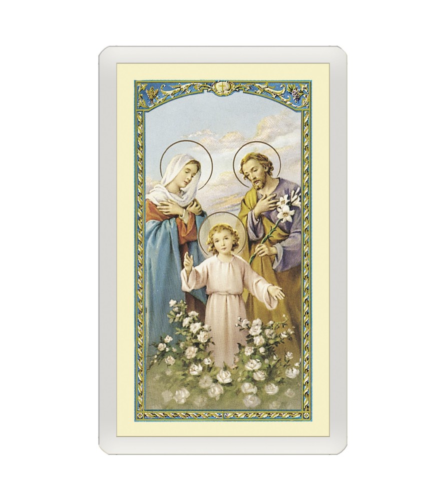 Confezione da 25 pezzi di un  Santino Plastificato Sacra Famiglia con preghiera a colori