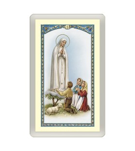 Confezione da 25 pezzi di un  Santino Plastificato Madonna di Fatima con i tre pastorelli con preghiera a colori
