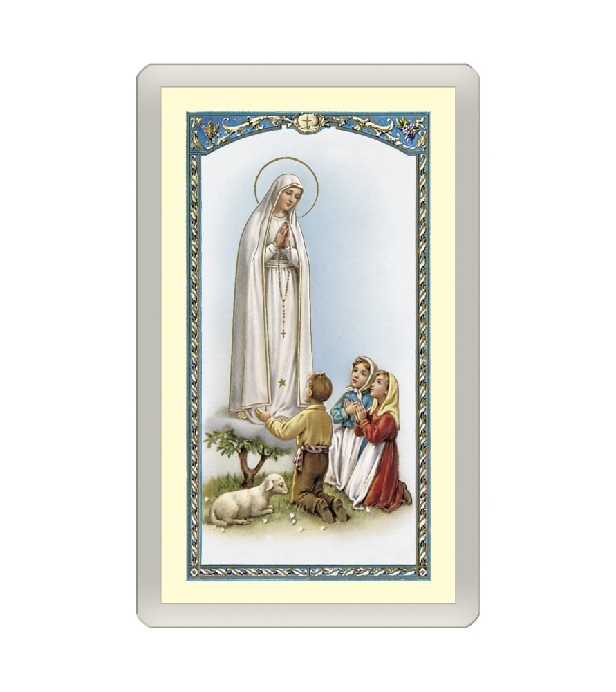 Confezione da 25 pezzi di un  Santino Plastificato Madonna di Fatima con i tre pastorelli con preghiera a colori